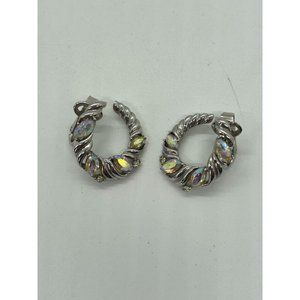 Vintage Trifari Silver Tone & AB Rhinestone Clip On Earrings